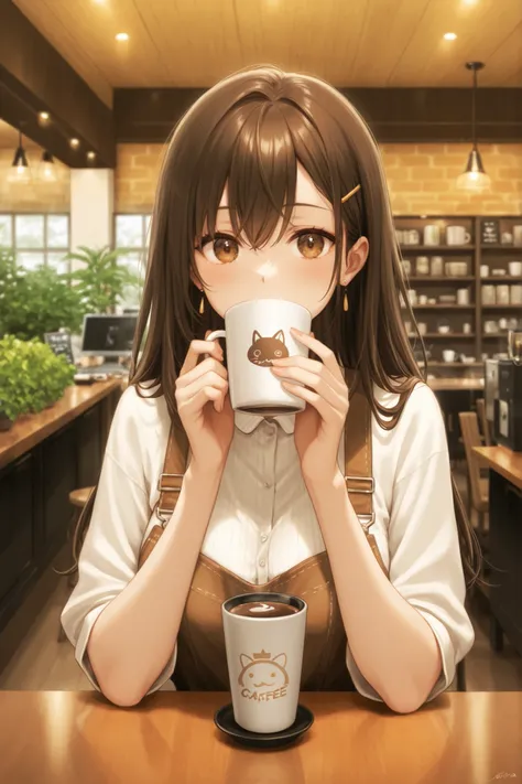 Woman drinking coffee in a calm cafe、Deep and spacious々A space with、I'm opening my computer、Cafe full of greenery、High Quality、4k、I want to place people far away so that the overall atmosphere of the store can be conveyed