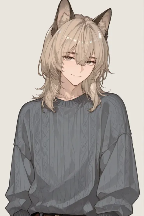 male, youth,light brown medium length hair,grey sweater,Confident Smile, no background ,Dog ears