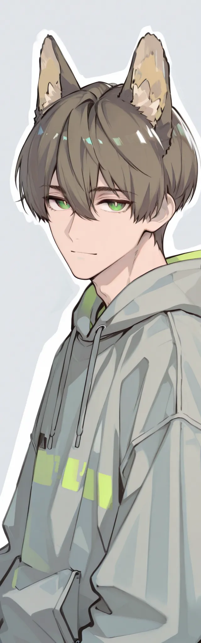 male,,Brown Short Hair,green pupils,modern grey hoodie,solid color background,Dog ears,with bangs