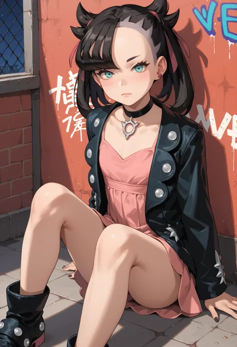 Score_9, score_8_up, score_7_up, score_6_up, source_anime, rating:general, 1girl, Marnie, black hair, twintails, perfect eyes,  aqua eyes, perfect face, pale white skin, flat chest, short pink dress , slender build, slender legs, dirty alleyway, night time...