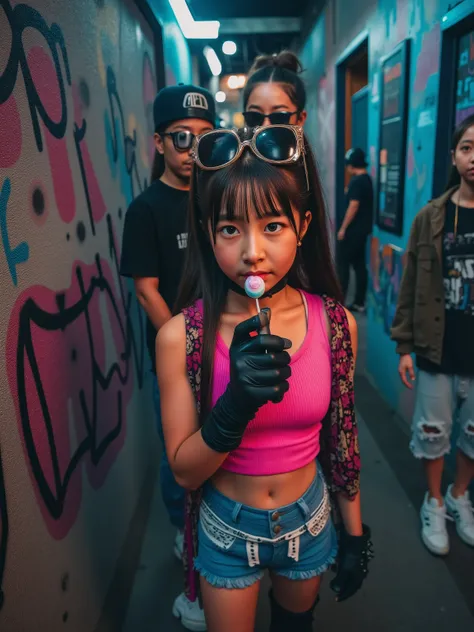 A young girl in a gang leader role stands in a graffiti-covered alley, wearing oversized sunglasses, a bright pink crop top with a long scarf draped over her shoulders, hot pants, and thigh-high socks. She holds a lollipop in her mouth with gloved hands an...