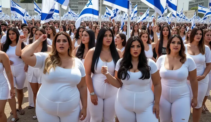 *"A hyper-realistic, wide-angle image depicting a massive gathering of extremely curvy,isreali sexy busty pornstar voluptuous women with heavy, full figures and large, prominent breasts.all women expressions are extremly scared and sad All the women are we...
