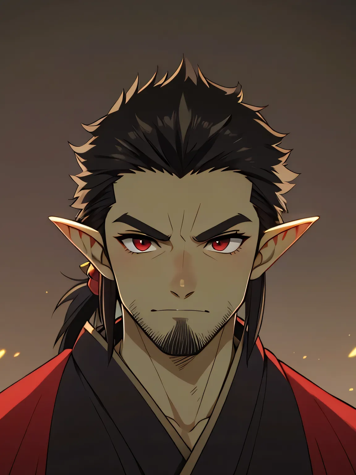 (high-quality, breathtaking),(expressive eyes, perfect face) 1boy, male, solo, adult, masculine face, dark black color hair, red eye color, green skin, colored skin, goblin, medium hair length, tied back hairstyle, Symmetrical Eyes, portrait, wide shot ,ca...