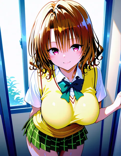 Momioka risa (To LOVE-Ru) Brown hair, pink eyes, big breasts, wave hair, white shirt, sweater, vest, collared shirt, pleated skirt, mini skirt, green skirt, smile, short sleeve, semi-long
