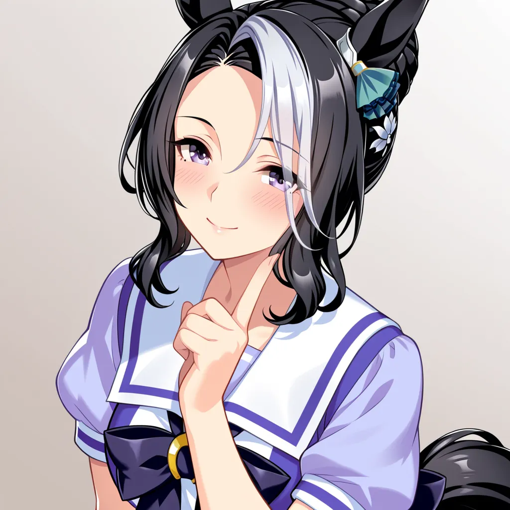 Super masterpiece, super high quality, super high quality, super high detail, super high resolution, beautiful image, artistic image, 8K, one girl, solo, Uma Musume, Mejiro Ramonu, horse ears, tail, smile, blush, clothing, school uniform, sailor uniform, short sleeves,
