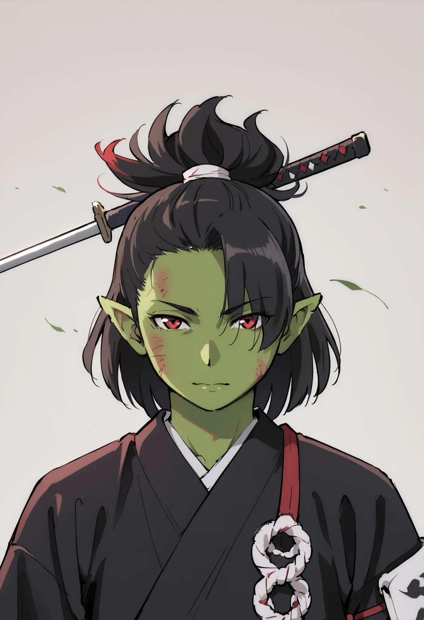 (high-quality, breathtaking),(expressive eyes, perfect face) 1boy, male, solo, adult, masculine face, dark black color hair, red eye color, green skin, colored skin, goblin, medium hair length, tied back hairstyle, Symmetrical Eyes, portrait, wide shot ,ca...