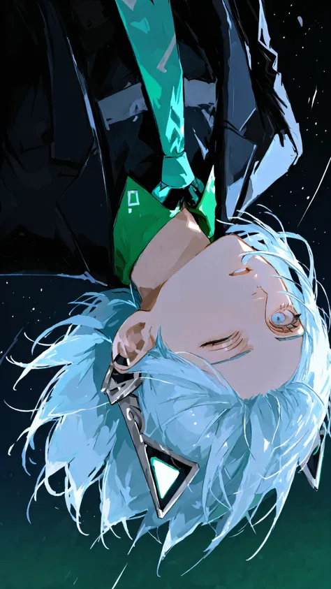High Definition　One man　fall upside down against a black night sky　upper body　is cool　black suit　blue-green ties　a good style　light blue hair　One eye looks like the moon　light blue eyes　Silver elf ear caps on ears　the wind is blowing