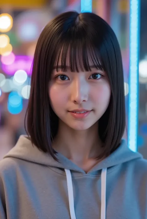 This photo shows a cute Japanese woman, gray hoodie, The image is of very high quality, with clear skin texture. The focus is on her face. The focus is very sharp. Her whole body is in the picture. Her facial expression is sexy. She is facing forward. She ...