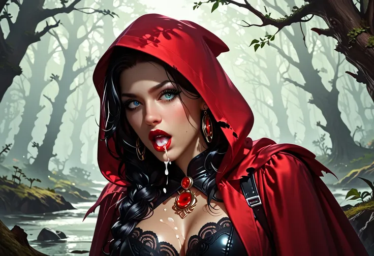 Little Red Riding Hood、 alone in the woods、erotic, naughty, in a dark forest with high trees, oak trees, a big bad wolf man leers at her, exposing his big dick and stroking it in front of her, she is shocked, his penis is so large, semen squirts out, she c...