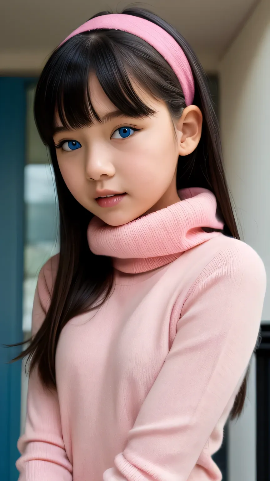 1girl, Solo, High Resolution, Accurate, Anatomically Correct, Best Quality, Detail, High Details, High Quality, black hair, blue eyes, tween, cute, realistic, flat chest, thin body, pink headband, fringe, pink turtleneck sweater 