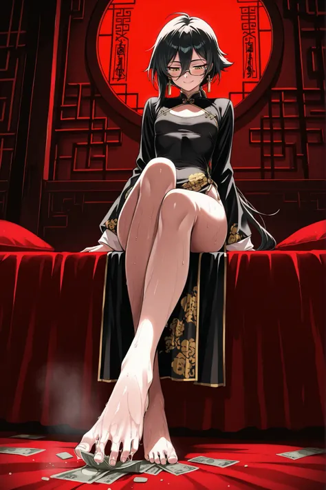 masterpiece, best quality, amazing quality, very aesthetic, foreshortening, 1 girl, taoist, wearing black and gold cheongsam, very long sleeves, have black hair, long bangs, low ponytail, extremely long ponytail, narrowed eyes, yellow eyes, glasses, chines...