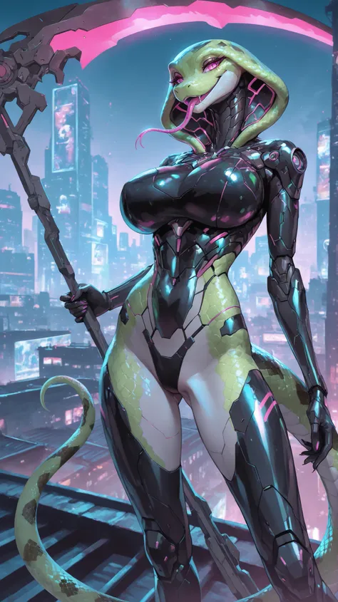 Cyberpunk city,Outdoors,On the Roof,At Midnight,A Green Cobra(Furry),Snake Tongue Out,Single Snake tail,Pink eyes,Slim Body,Seductive smile,Huge oppai,Wearing a Green Bionic Armor,Spreading legs,Standing Position,((Holding a Cyber-Scythe)), UHD, masterpiec...