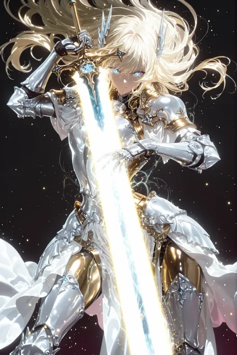masterpiece, best quality, ultra-detailed, 1girl, anime style, battle pose, gallant appearance, silver-white armor, pink battle dress flowing, golden shoulder-length hair, azure eyes, wielding glowing greatsword, (Sword Skills Posture:1.3), armor reflectio...