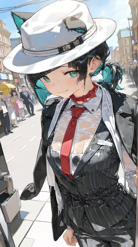 [theme]cowboy shot of a single gang boss |
[character] cute girl in a suit、 
dark colored striped suit white shirt and red tie、black coat over shoulders、(white long stole around her neck)、white fedora hat |
majestic standing figure、is staring at viewers、Du...