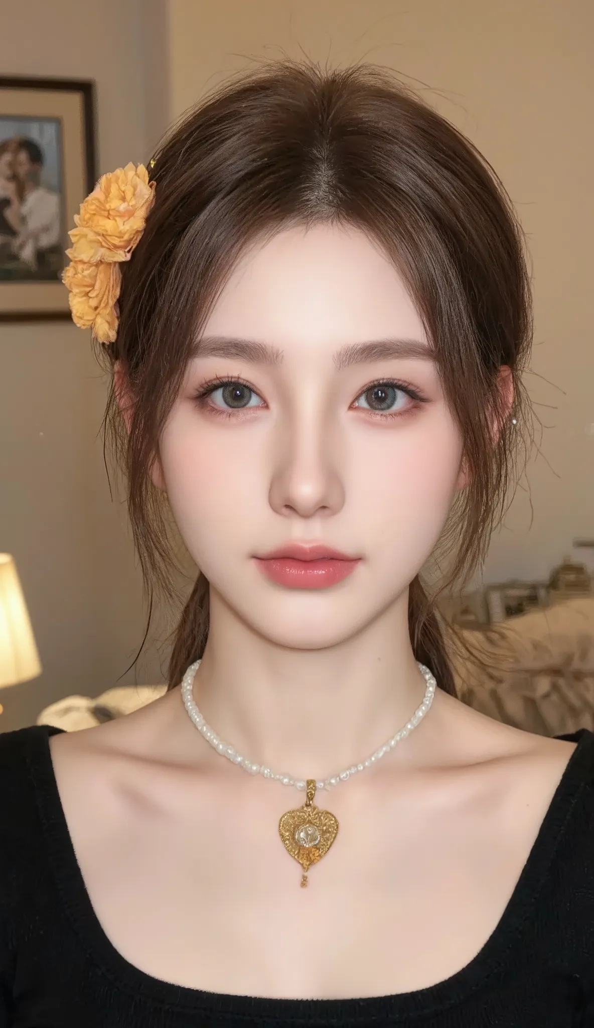 A highly detailed, ultra-realistic portrait captures a young woman with a strikingly doll-like appearance. Her fair skin is smooth and luminous, accentuated by delicate makeup. She possesses large, captivating light blue eyes with long, dark eyelashes and ...