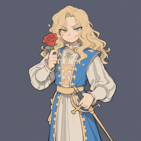 masterpiece, ultra-HD, impressionism, high detail, best quality, very aesthetic, 8k, best quality, beautiful, tmchng, 1man, long wavy blonde hair, green eyes, muscular, toned, slim body, blue prince costume, medieval clothes, sheathed rapier, smug smirk, h...