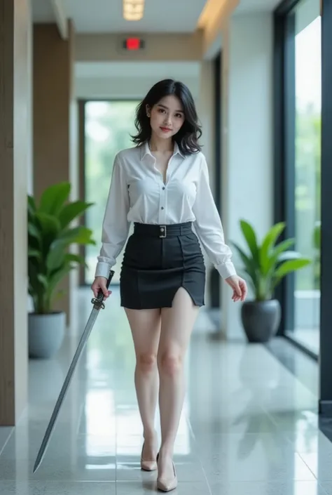 (full body) shot of a woman, (Indonesian), (beautiful woman), black short hair, slightly chubby, ((albino)), (pale skin), wearing office attire, mini skirt with high-slit, (high heels), and drawing her katana in a smooth motion. The background indoor quite...