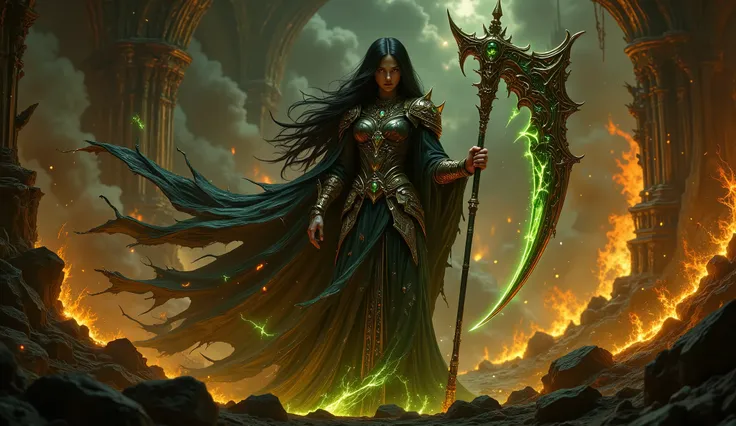 pinkdarkfantasy,
woman with long black hair, in intricate black armor with emerald gems, holds a large, a glowing green scythe, , standing among the burning ruins.