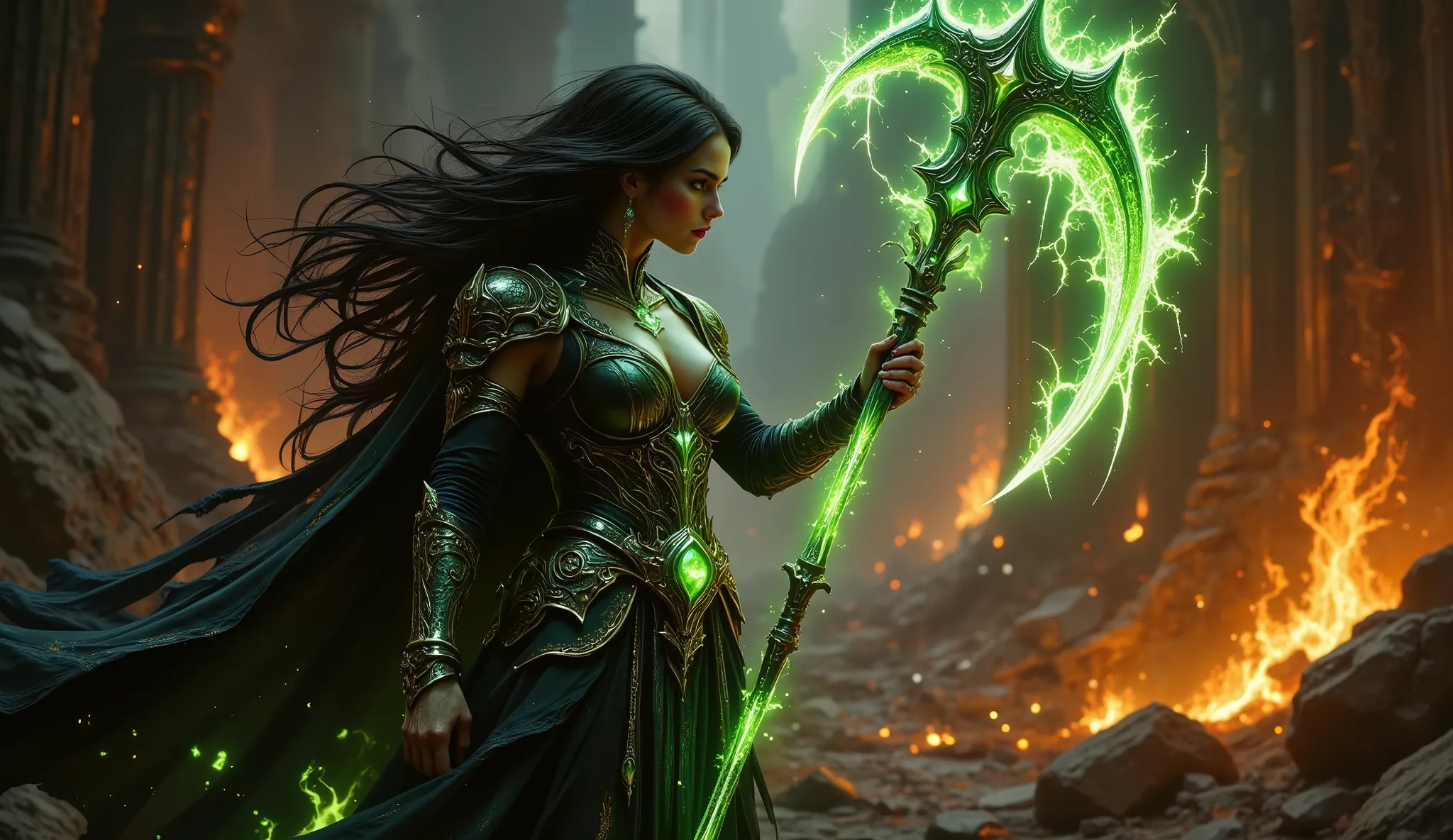 pinkdarkfantasy,
woman with long black hair, in intricate black armor with emerald gems, holds a large, a glowing green scythe, , standing among the burning ruins.