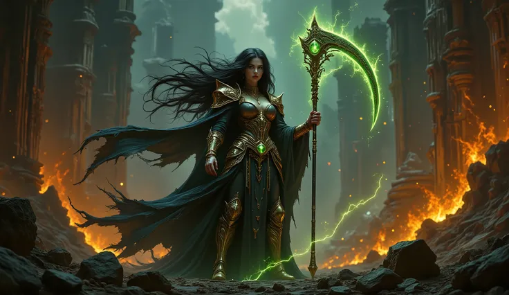 pinkdarkfantasy,
woman with long black hair, in intricate black armor with emerald gems, holds a large, a glowing green scythe, , standing among the burning ruins.