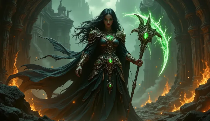 pinkdarkfantasy,
woman with long black hair, in intricate black armor with emerald gems, holds a large, a glowing green scythe, , standing among the burning ruins.