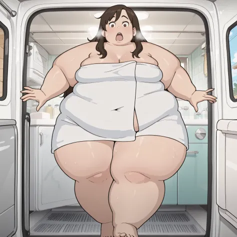 masterpiece,best quality,amazing quality,very aesthetic,absurdres,newest, huge filesize,
anime screenshot, 


Robot on the Road,
1girl,naked towel, 
barefoot
long hair,brown hair,
medium breasts,
navel,
r_mina,
 indoors, huge camper van , bathroom, fat, ch...
