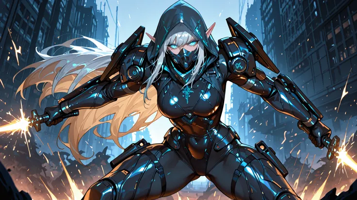 A cybernetic elven female assassin in a dynamic half-body combat pose, holding two elegant elven daggers with glowing runes. She has sharp, angular features, glowing eyes, and long flowing silver hair. Her pointed elf ears are visible beneath a sleek hood ...