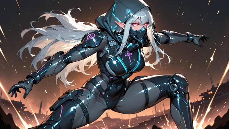 A cybernetic elven female assassin in a dynamic half-body combat pose, holding two elegant elven daggers with glowing runes. She has sharp, angular features, glowing eyes, and long flowing silver hair. Her pointed elf ears are visible beneath a sleek hood ...