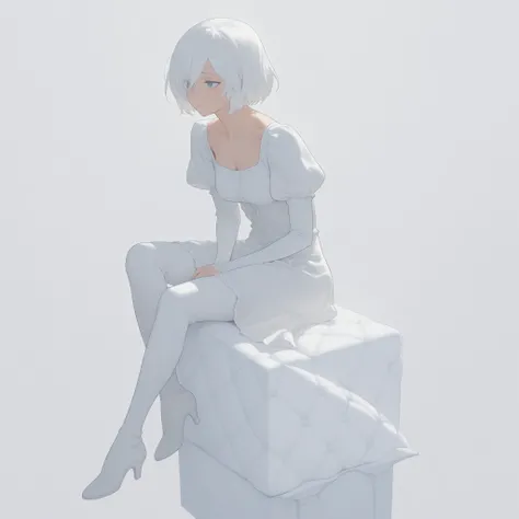 yorha 2b, white hair, (white room background:1.7), sitting on white throne,white warm leggins, white warm blouse, hd, hdr, sexy, erotic, lewd, perfect face, detailed face, detailed eyes, lots of details, ultra sharp, ultra detailed, masterpiece, high score...