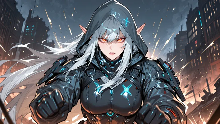 A cybernetic elven female assassin in a dynamic half-body combat pose, holding two elegant elven daggers with glowing runes. She has sharp, angular features, glowing eyes, and long flowing silver hair. Her pointed elf ears are visible beneath a sleek hood ...