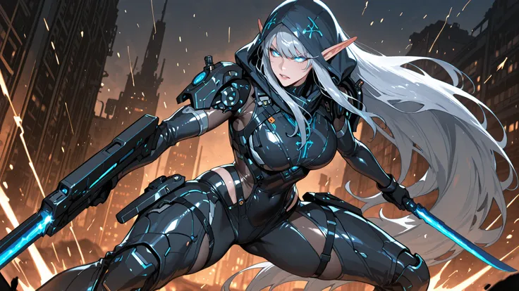A cybernetic elven female assassin in a dynamic half-body combat pose, holding two elegant elven daggers with glowing runes. She has sharp, angular features, glowing eyes, and long flowing silver hair. Her pointed elf ears are visible beneath a sleek hood ...