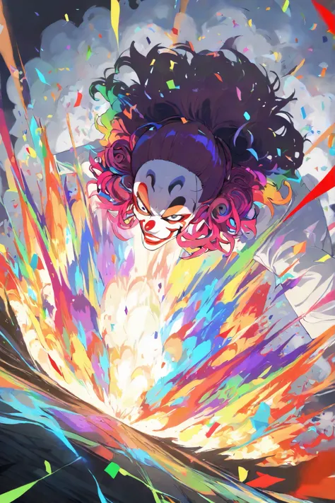 masterpiece, best quality,1 insane boy clown,best quality,heroic pose,dynamic angle,dynamic abandoned circus background,with epic confetti effect, high angle shot,like CCTV footage, confetti burst of effects radiating from the center, outward flow of m...