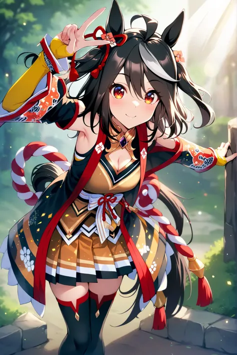 masterpiece, best quality,
kitasan black \(umamusume\), 1girl, horse ears, horse tail, black thighhighs, full body, cleavage cutout, armpits, clothing cutout, looking at viewer, smile, cleavage, v, hair ornament, standing, bare shoulders, arm up, two side ...