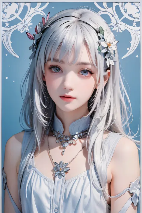 (Beautiful woman with fair skin), (Calm and gentle smile like a girl), Clear light blue eyes, (Medium-length almost straight silvery white hair), Close-up, Portrait, (Cool-colored shirt), (Slim figure), Small ice necklace, (Cold ice world in cool colors), ...