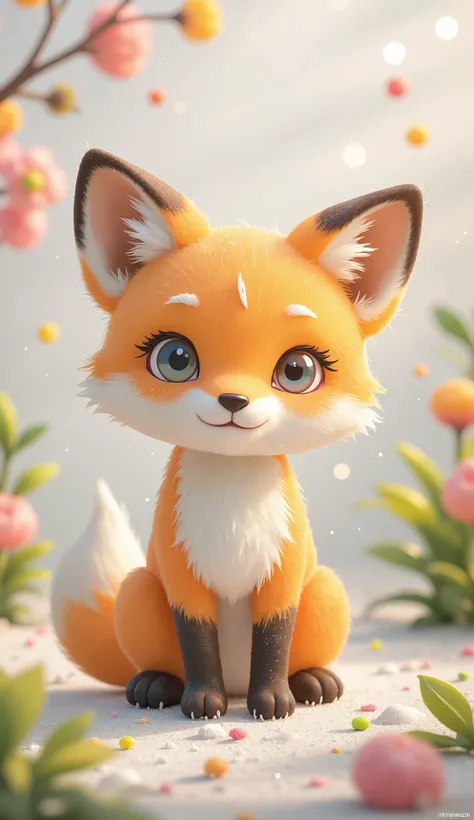 One child fox,High Quality,4K,super definition,Realistic,photorealistic,HDR,minimal background with a focus on lighting,Soft Lighting,gentle colors ,delicate texture,cute expression,Background white,heartwarming atmosphere,fantasy,Art,illustrations