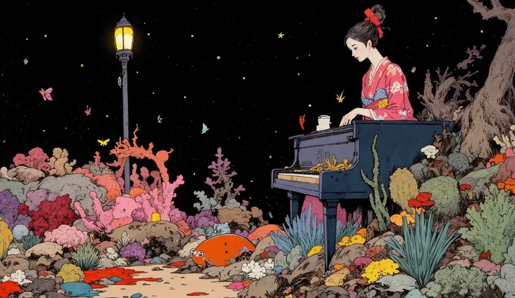 close-up Ukiyo-e of a woman playing a grand piano in the deep sea,シュールで Beautiful Art ,A colorful glowing coral reef ,A large group of bizarre deep-sea fish,One street lamp shines a warm colored light,butterfly,Creepy art , Depicted on a black backgroun...
