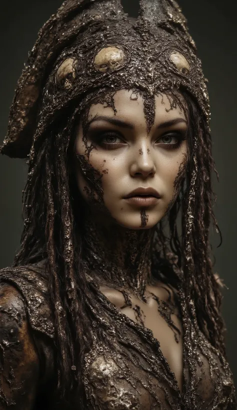 Realistic, Masterpiece, 32k, A young woman, likely in her late teens or early twenties, with dark brown dreadlocks, wearing a detailed pirate-inspired costume. The costume includes a weathered, brown pirate hat adorned with skull motifs, a cream-colored...