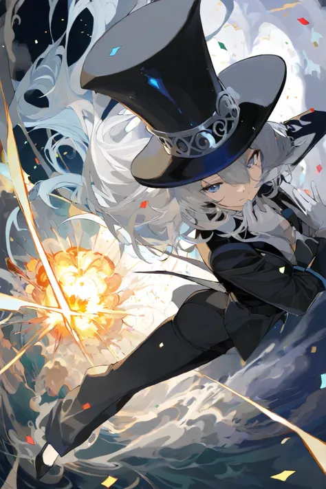 masterpiece, best quality,1 elegant gentleman magician
,best quality,heroic pose,dynamic angle,dynamic grand old theater background,with epic confetti effect, high angle shot,like CCTV footage, confetti burst of effects radiating from the center, outwa...