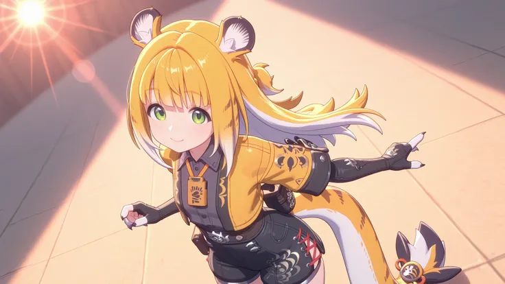 shiny skin, Posing,
JuFuFu,
Shine, Shine, sun beam,
high angle, looks at the viewer,
sweet smile, shows claws,
