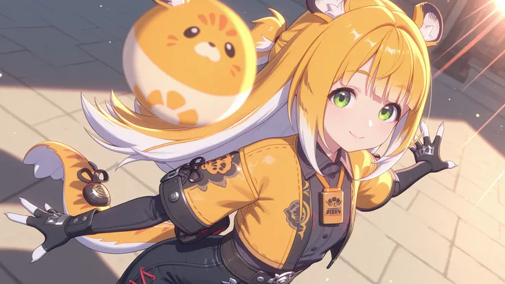 shiny skin, Posing,
JuFuFu,
Shine, Shine, sun beam,
high angle, looks at the viewer,
sweet smile, shows claws,