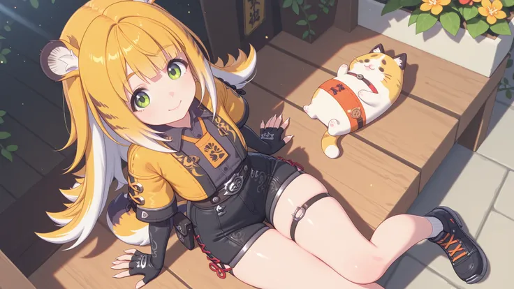 shiny skin, Posing,
JuFuFu,
Shine, Shine, sun beam, flowers on the background , fat cat sitting in the background
high angle, looks at the viewer,
sweet smile, shows claws,