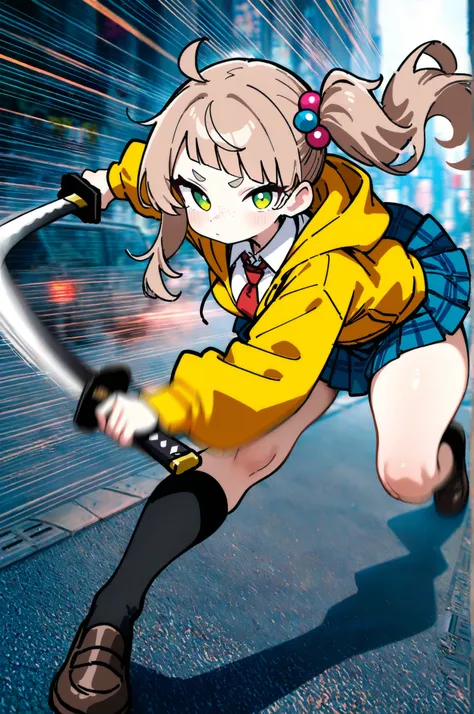 (close-up:2.0), (emphasis lines, motion blur:1.5), street, tokyo \(city\), photo background, masterpiece, best quality、
///hair color/// light brown hair,
///hair style/// long side ponytail hair and colorful beaded hair accessories, (diagonal bangs), (...