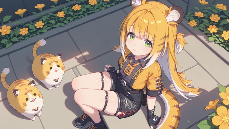 shiny skin, Posing,
JuFuFu,
Shine, Shine, sun beam, flowers on the background , fat cat sitting in the background
high angle, looks at the viewer,
sweet smile, shows claws,