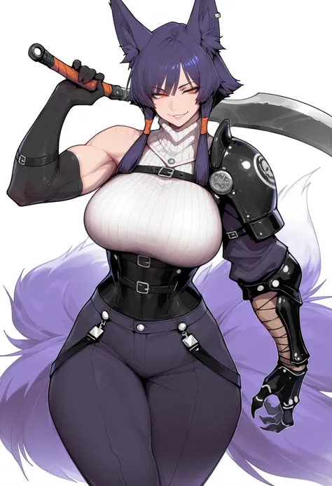 gorgeous kitsune girl, beautiful face, kitsune, hair of ash-purple color, beautiful woman, orange eyes, slit pupils, volputrous body, toned woman, curvy and athletic, fox ears, short hair, white ribbed sleeveless sweater, leather underbust, chest belt, bug...