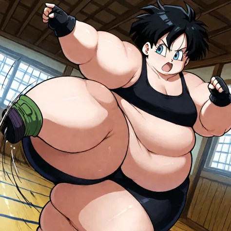 score_9, score_8_up, score_7_up, source_anime,
videl, videl, black hair, blue eyes, eyelashes, shortcut,
bike shorts, black gloves, black legwear, collarbone, fingerless gloves, gloves, black sports bra,
indoors, dojo, cowboy shot, dutch angle, open mouth,...
