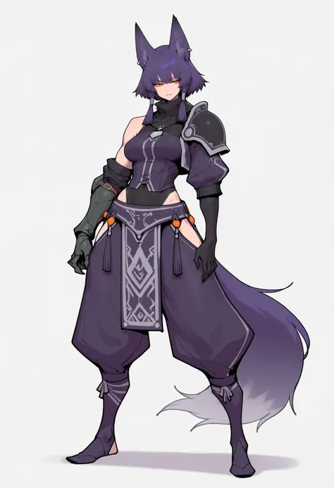 gorgeous kitsune girl, beautiful face, kitsune, hair of ash-purple color, beautiful woman, orange eyes, slit pupils, volputrous body, toned woman, curvy and athletic, fox ears, short hair, dark adventurer jacket, buggy pants, single pauldron, single vambra...