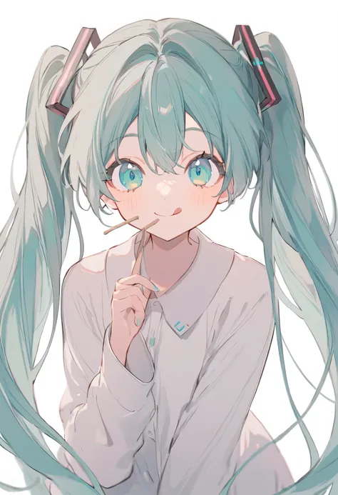 Soft lines, Hatsune Miku, cute, Blue-green hair, Twin tails, Blue-green eyes, smile, stick out tongue, White Background