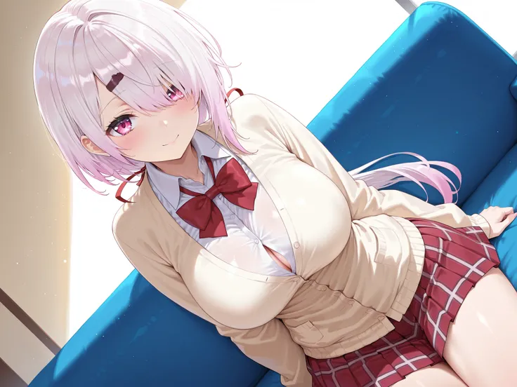 solo,masterpiece,best quality, amazing quality, highres, absurdres, very aesthetic, high resolution, ultra detailed, perfect details,nijiyuika,large breasts,pink eyes,gradient hair,light pink hair,white hair,round face,long hair,hair over one eye,low ponyt...