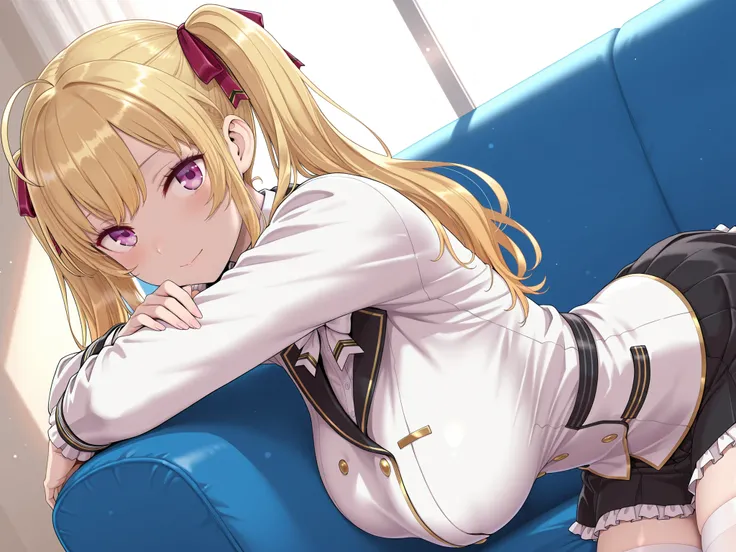 solo,masterpiece,best quality, amazing quality, highres, absurdres, very aesthetic, high resolution, ultra detailed, perfect details,nijirion,large breasts,purple eyes,blonde hair,twintails,ahoge,hair ribbon,nijirioncos,white shirt,white bowtie,white jacke...