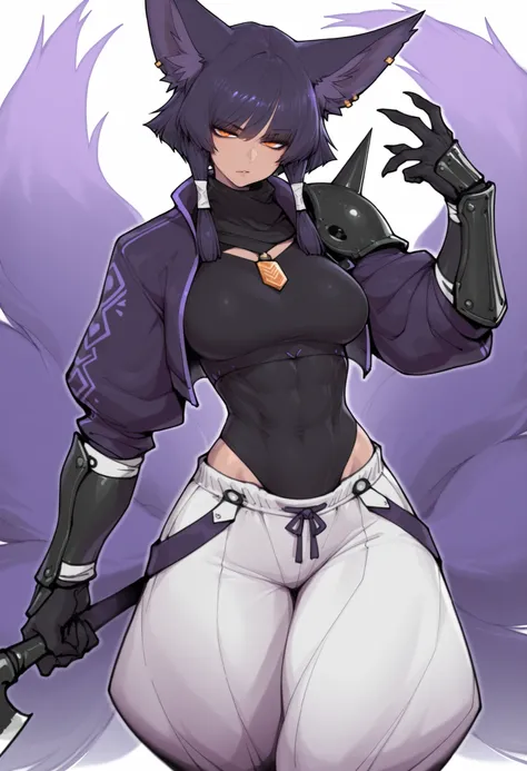 gorgeous kitsune girl, beautiful face, kitsune, hair of ash-purple color, beautiful woman, orange eyes, slit pupils, volputrous body, toned woman, curvy and athletic, fox ears, short hair, dark adventurer jacket, buggy pants, single steel pauldron vambrace...